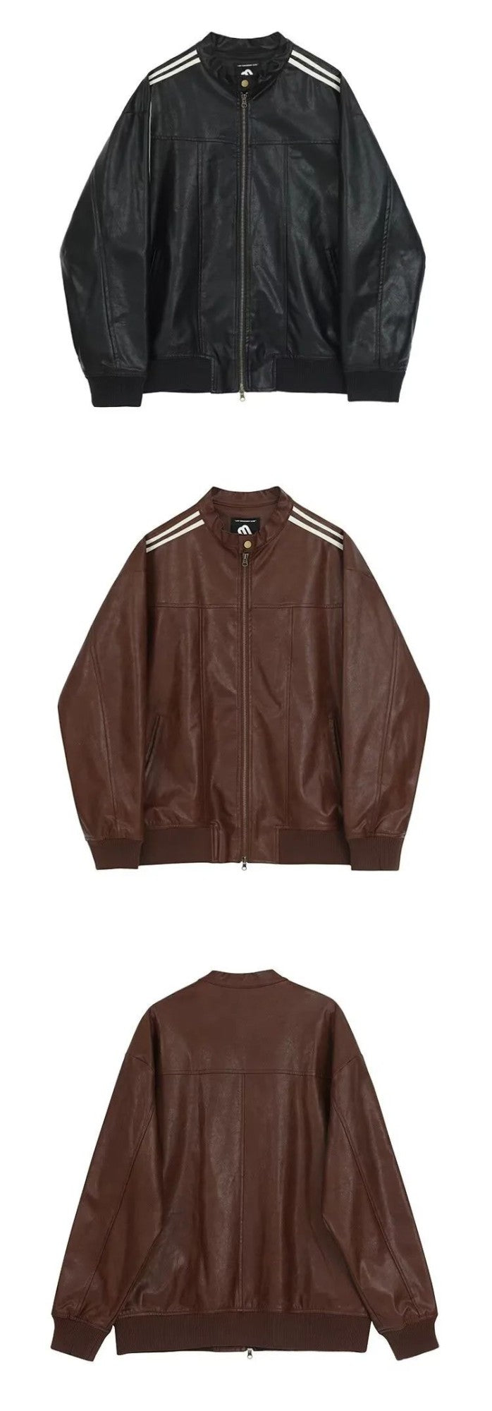 Loose Fit Men's Biker Leather Jacket Stripe Patchwork Stand Collar Casual Outerwear Façade Mixed Material Chinese Production