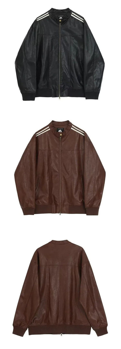 Loose Fit Men's Biker Leather Jacket Stripe Patchwork Stand Collar Casual Outerwear Façade Mixed Material Chinese Production