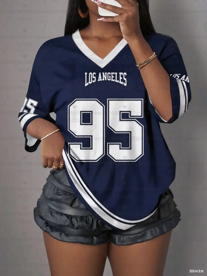 Women's Los Angeles NO.95 Print V-Neck Short Sleeve Hole Mesh T-Shirt Summer Tee Baseball Jerseys Plus Size Men's Sport T-Shirt