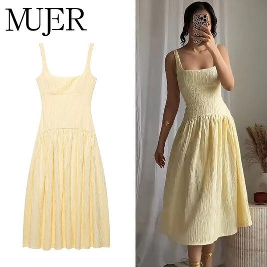 MUJER Pleated Slip Midi Dress Woman Elegant Party Long Dresses for Women Casual