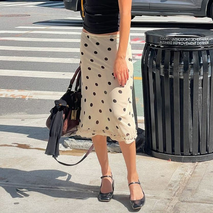 BIIKPIIK Casual Women Polka Dot Skirts Lettuce Trim Beige Elegant Midi Skirts St
