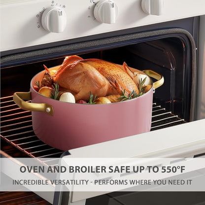 Conjunto de panelas e frigideiras de cerâmica antiaderente e atóxico com utensílios de cozinha, panelas holandesas e panelas com tampa.