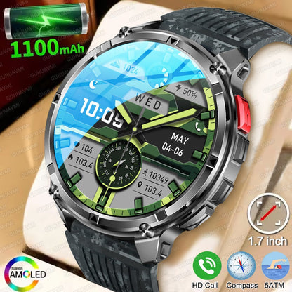 Relógio Inteligente Militar com Bússola GPS Masculino Bateria 1100mAh Lanterna Frequência Cardíaca 100+ Modos Esportivos Chamada Bluetooth Smartwatch à Prova d'Água