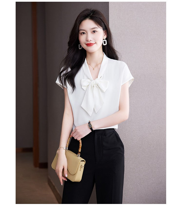 Bow Tie Blouse Shirt for Women OL Elegant Blouses Satin Womens Tops Silk Female Clothing 2023 Korean Fashion Short Sleeve Blouse