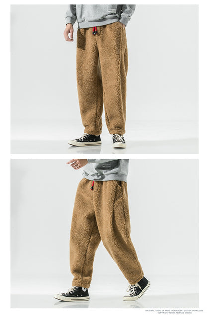Winter Men's Lamb Wool Casual Pants Fleece Warm Elastic Waist Sweatpants Solid Thick Harem Pants Male Vintage Joggers Trousers