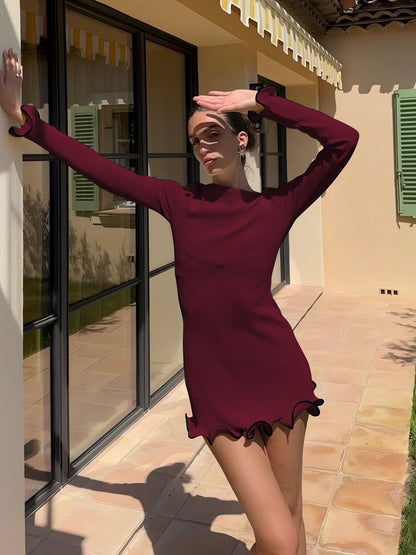 Dulzura O-Neck Long Sleeves Ruffles Patchwork Bodycon Mini Dress Sexy Elegant Ou