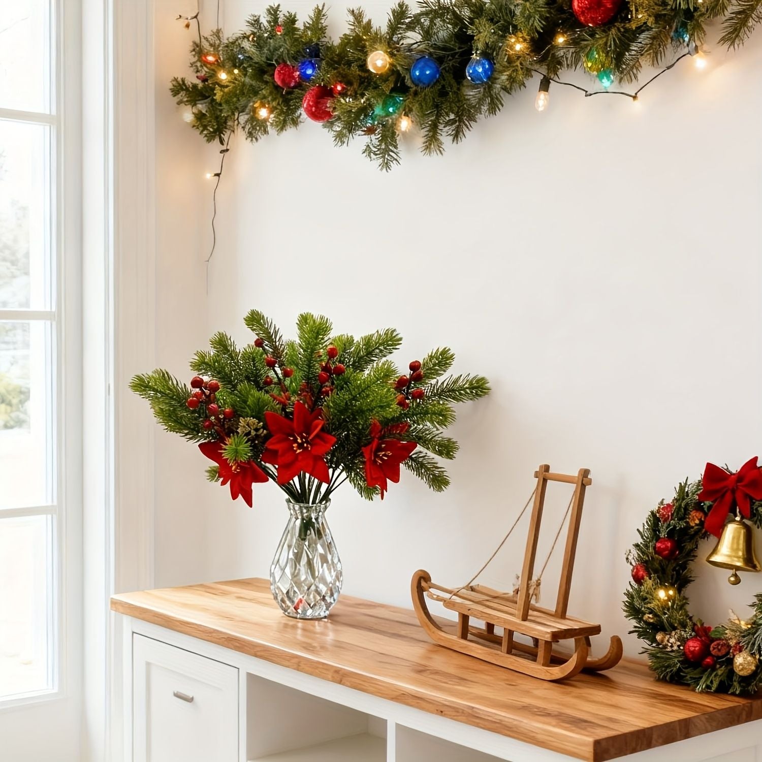 5Pcs 36cm Christmas Poinsettia Picks, Velvet Red Floral Stems with Pine Berries Pine Cones, Fake Xmas Flowers for Vase Table Decoration
