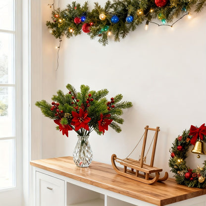 5Pcs 36cm Christmas Poinsettia Picks, Velvet Red Floral Stems with Pine Berries Pine Cones, Fake Xmas Flowers for Vase Table Decoration
