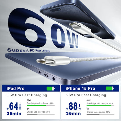Cabo de carregamento rápido tipo C para tipo C PD 60W 1m 2m para celular Iphone15 16 17 Samsung Huawei USB C para C Cabo de carregador