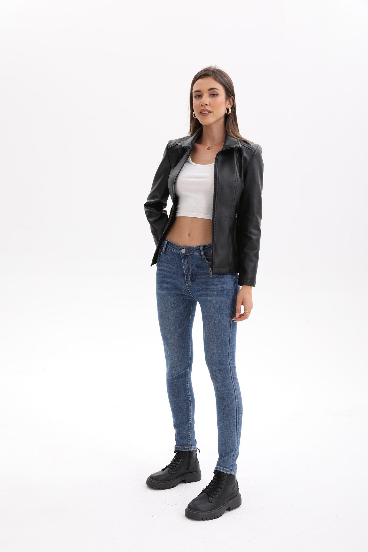 2025 Women’s Stylish Brown Faux Leather Jacket - Slim Fit, Trendy Moto Style with Zipper Detail PU Coat.