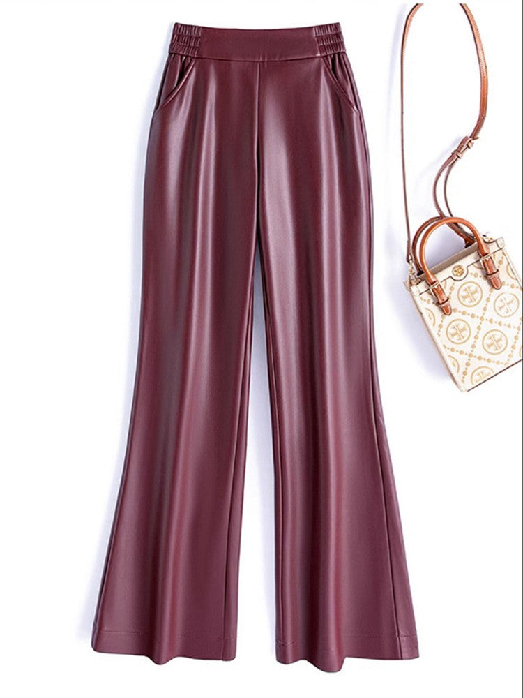 Black Genuine Leather Pants Women Sheepskin Straight Pants Spring Autumn High Waist Belt Loose Real Leather Casual Trousers