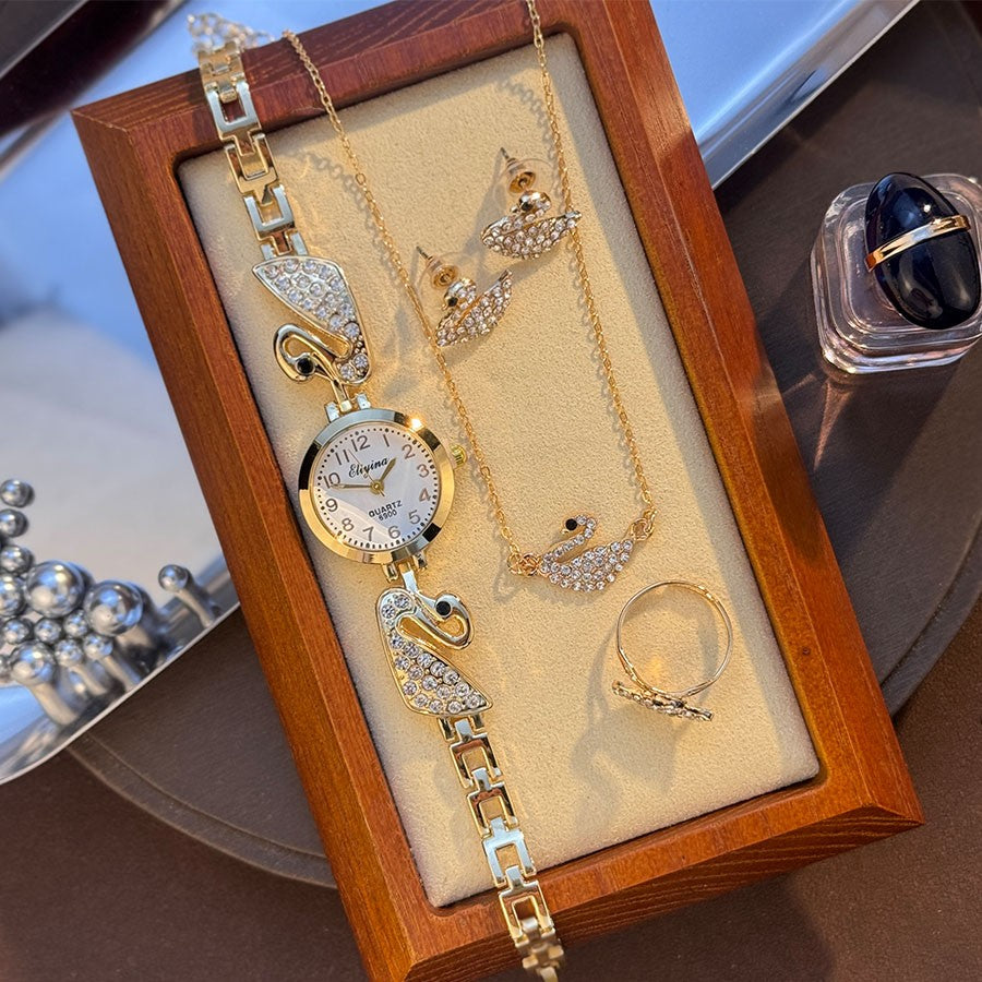 4-Piece Set Pearl Watch Chain Arabic Numeral Quartz Watch Large Pearl Necklace Diamond-Encrusted Ring And Earrings Jewelry Gift