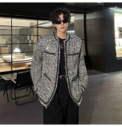 Korean Fashion Shiny Sequin Jacket Sliver Round Collar Long Sleeve Jackets Coats Autumn New Ladies Gentleman High Street