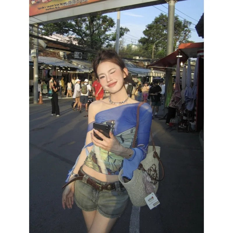 Hot Sale Spicy Girl Y2K Butterfly Print Elastic Mesh Single Shoulder T-Shirt Women Summer One-Shoulder Top with Lace Trim
