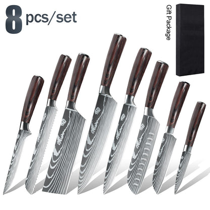 MDHAND Conjunto de Facas de Chef com Padrão de Damasco a Laser de 1 a 10 peças, Fatiador de Carne em Aço Inoxidável, Cutelo com Cabo de Madeira Antiderrapante, Coleção