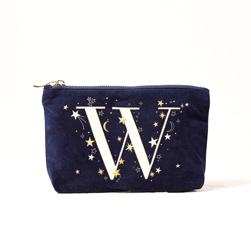 Alphabet Print Velvet Clutch Makeup Bag - Fashionable Cosmetic Pouch with Glittering Star Motif