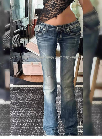 Retro American Washed Low Waist Bell Bottom Jeans Women's Y2K Millennium Sexy Lace Trimmed Floor Length Pants