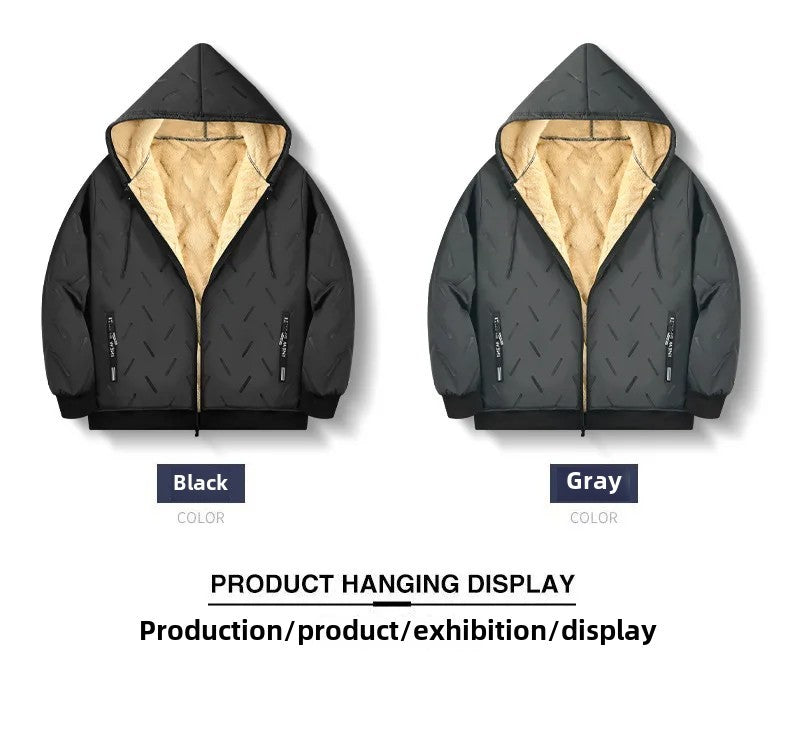Men's Winter Lamb Velvet Jacket Fleece Lined Cotton Suit Hooded Loose plus Size Warm Cotton Coat Thermal Cotton Clothing