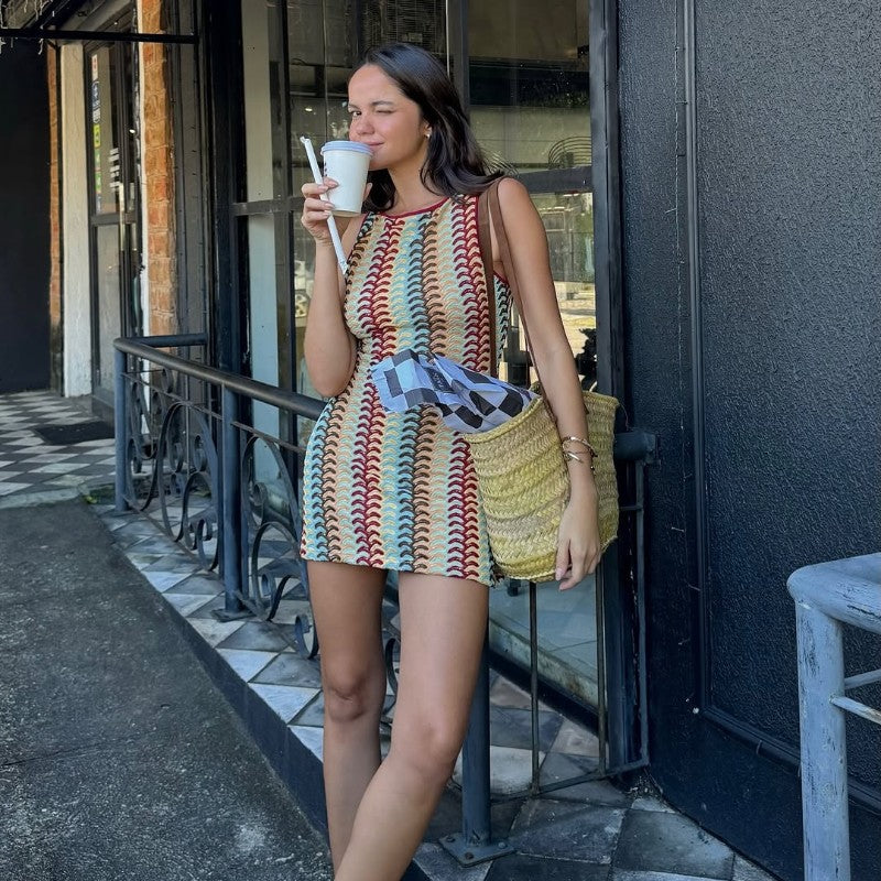 Irregular Printed Knitted Mini Dress For Women Chic Backless Slanted Shoulder Sl