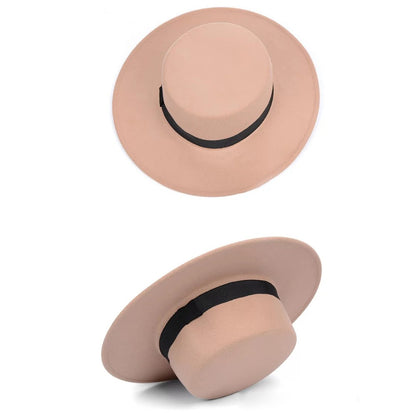 New Classic Solid Color Felt Fedoras Hat Belt for Men Women Blend Jazz Cap Wide Brim Simple Church Derby Flat Top Hat Mujer