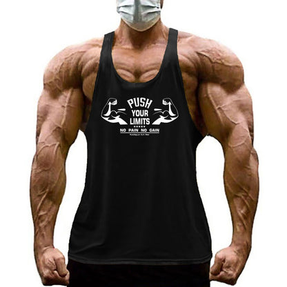 PUSH YOUR LIMITS NO PAIN NO GAIN Cotton Gym Tank Top Mens Bodybuilding Clothing Y Back Fitness Stringer Singlets Workout Shirt
