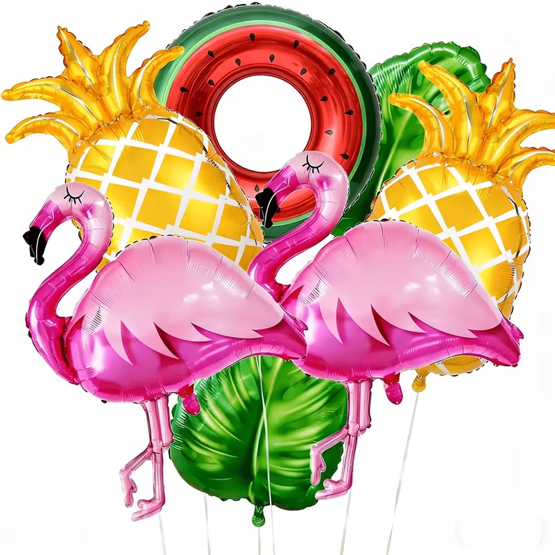 7pcs Hawaiian Pie Decoration Balloon Set, including oversized flamingo balloons, palm leaf pineapple watermelon balloons, Hawaii