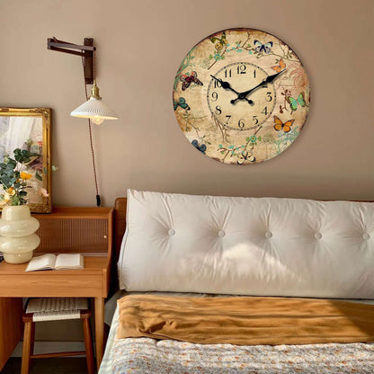 1pc 10-16inch wooden wall clock, retro flower and colorful butterfly design wall clock, silent clock, suitable for living room b