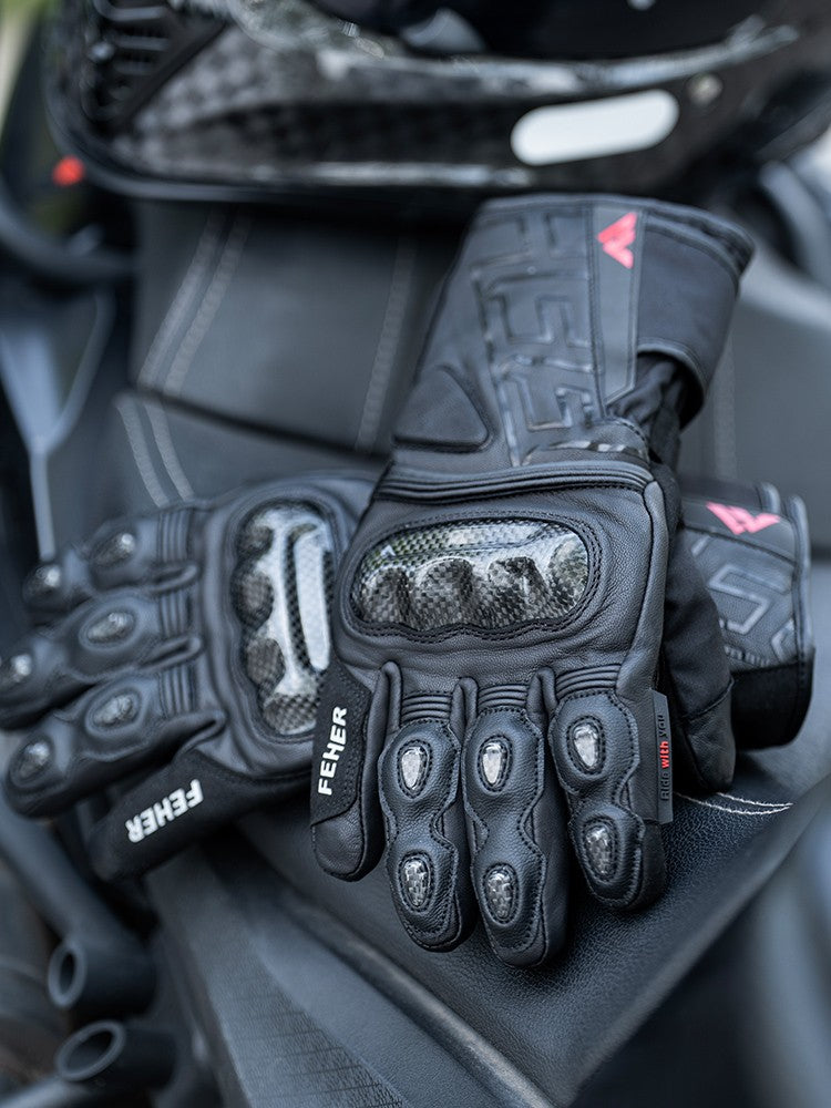 Luvas de Inverno FEHER para Moto Couro Touchscreen Quente Impermeável Junta de Dedo em Fibra de Carbono Luvas de Motociclismo