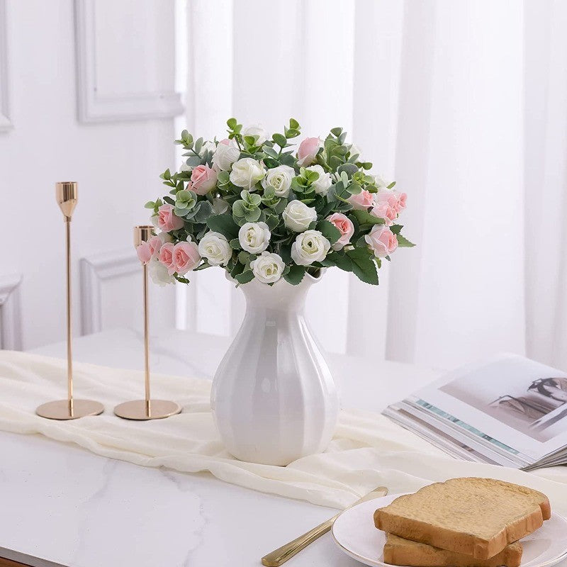 10 Heads pink Artificial Silk Rose Flowers Fake White Eucalyptus  Peony Flower Bouquet, for Home Wedding Party Garden Decoration
