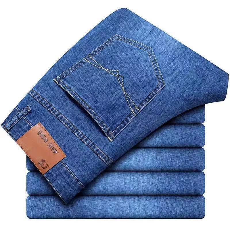 Novos jeans masculinos de perna reta, clássico preto azul micro elástico, casual, negócios, casual, calças jeans masculinas de marca