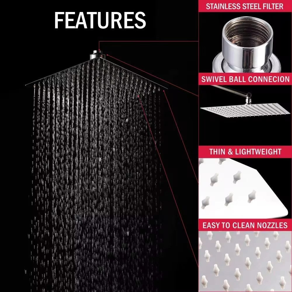 8" 10" 12" Stainless Steel High Pressure Rainfall Shower Head Large Flow Square Pressure Boosting Design Spa Bathroom Showerhead