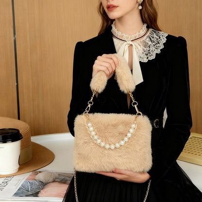 Fashionable Pearl Rabbit Fur Velvet Handbag Women's Crossbody Bag Chain Design Autumn Winter Small Versatile Bag Elegant