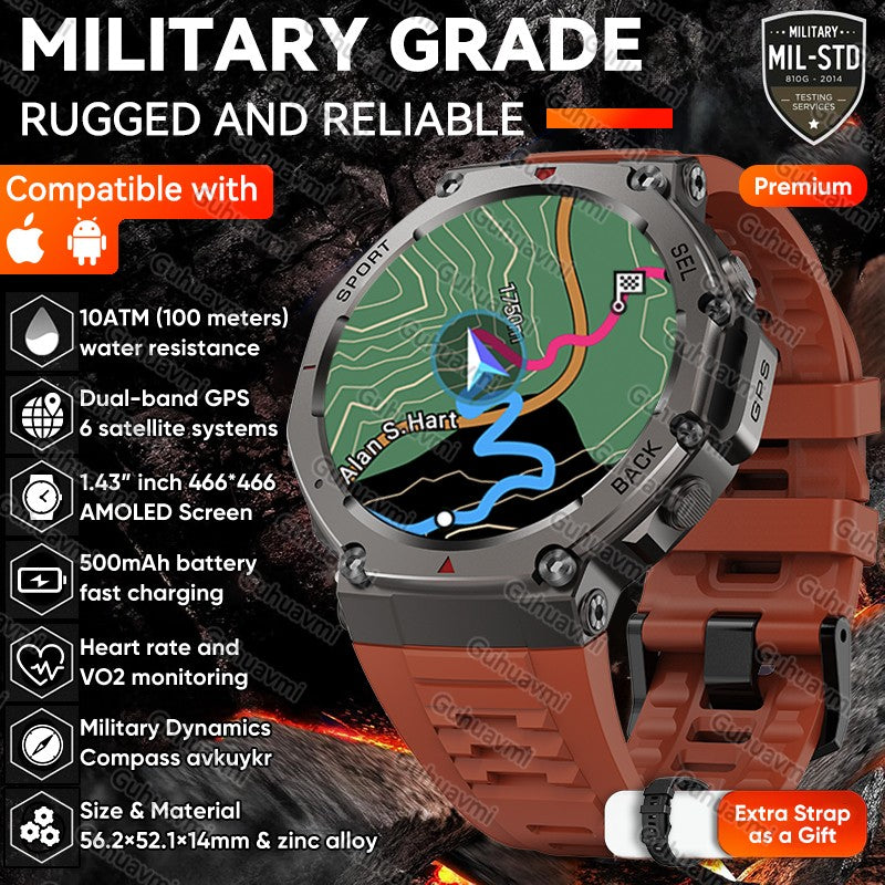 Novo Smartwatch Militar GPS de Banda Dupla T-Rex 3 Pro 48mm Resistente à Água 10ATM Bateria de 500mAh Bússola Altímetro AGPS