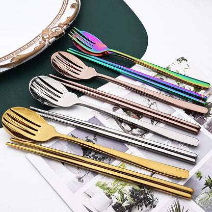 Drmfiy Western 6Set Black Dinnerware 304 Stainless Steel Tableware Long Handle Spoons Chopsticks Metal Korean Silverware Set