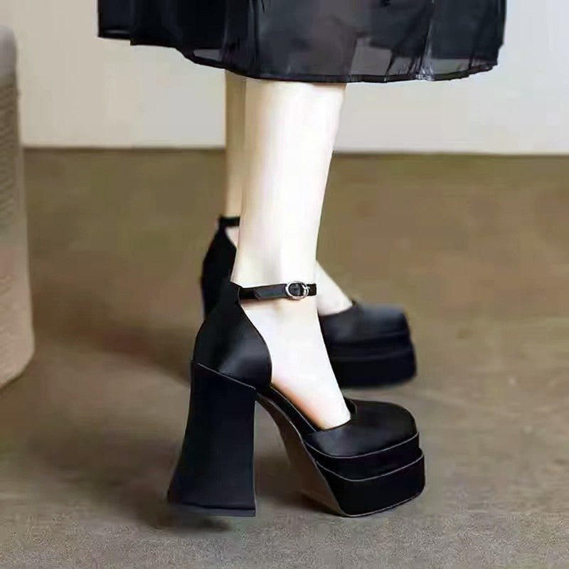 Sapatos de salto alto feminino plataforma chunky bico fechado salto bloco bico quadrado com tira no tornozelo para festas casamentos formaturas 2025