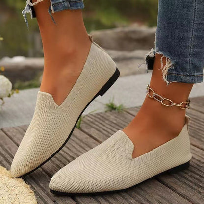 New Women's Solid-Color Pointed-Toe Mesh Loafers Low-Cut Women's Shoes Soft-Sole Knit Ballet Flats Casual Slip-On Boat Shoes