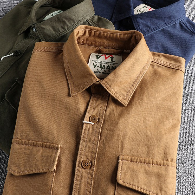 Spring New Japanese Retro Long-Sleeve Lapel Woven Cargo Shirt Men's Simple 100% Cotton Washed Double Pocket Casual Youth Blouses