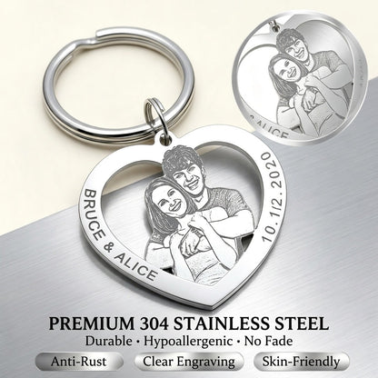 ?Customized Product?Personalized Stainless Steel Heart-Shaped Keychain - Customizable with family and couple photos, text, and date - Valentine's Day/Christmas gift - A memorable keepsake gift for family, couples, and pets