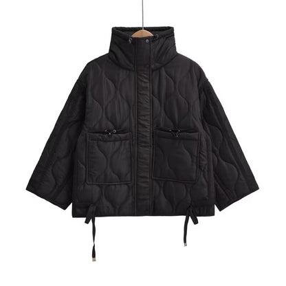 2024 autumn new women's fashion pocket decoration loose long sleeved stand collar diamond grid cotton jacket short jacket