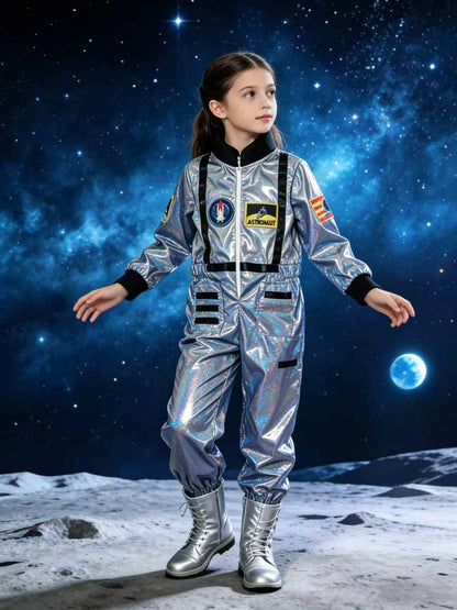 Shimmer silver astronaut jumpsuit with badge decor for kids themed parties and role playing games