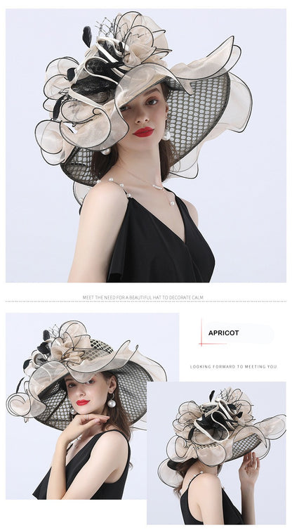 FS Mulheres Organza Vermelha Chapéus Casamento Fascinadores Elegante Grande Aba Larga Fedora Kentucky Derby Chapéus Festa Formal Igreja Chapéu Feminino