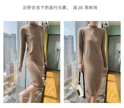 Autumn And Winter 100% Pure Wool Ladies Long Sweater Skirt Semi-High Collar Cashmere Dress Large Knit Bottoming Skirt