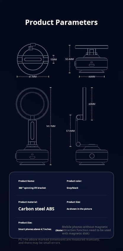 Suporte Veicular Magnético com Adsorção a Vácuo para Celular Dobrável Rotação 360 Graus Liga de Alumínio Adequado para Smartphones