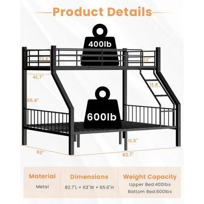 Twin XL Over Queen Bunk Bed, Heavy Duty Bunk Bed with Safety Ladder and Full-Length Guardrails, Metal Queen Bed Frame