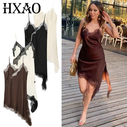 HXAO Womens Dresses Lace Asymmetric Slip Dress Summer 2025 Sexy Evening Dresses Ladies Mini Brown Sleeveless Backless Vestidos