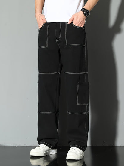 Calça jeans masculina estilo workwear, calça jeans, pernas retas e largas, estilo para todas as estações, lavada com múltiplos bolsos