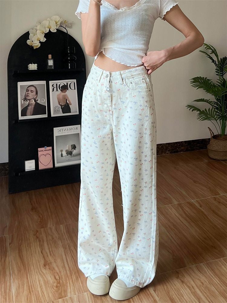 2025 New Women Beige Hello Kitty Floral Print Jeans High Waisted Wide Leg Straight Pants Casual Versatile Y2K Cute Fashion