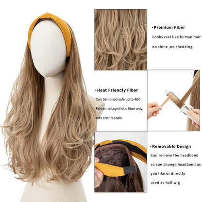 Peruca de Cabelo Sintético Longo Ondulado com Faixa Feminina Ombré Castanho Preto Loiro Cosplay Natural Resistente ao Calor Meia Peruca para Mulheres