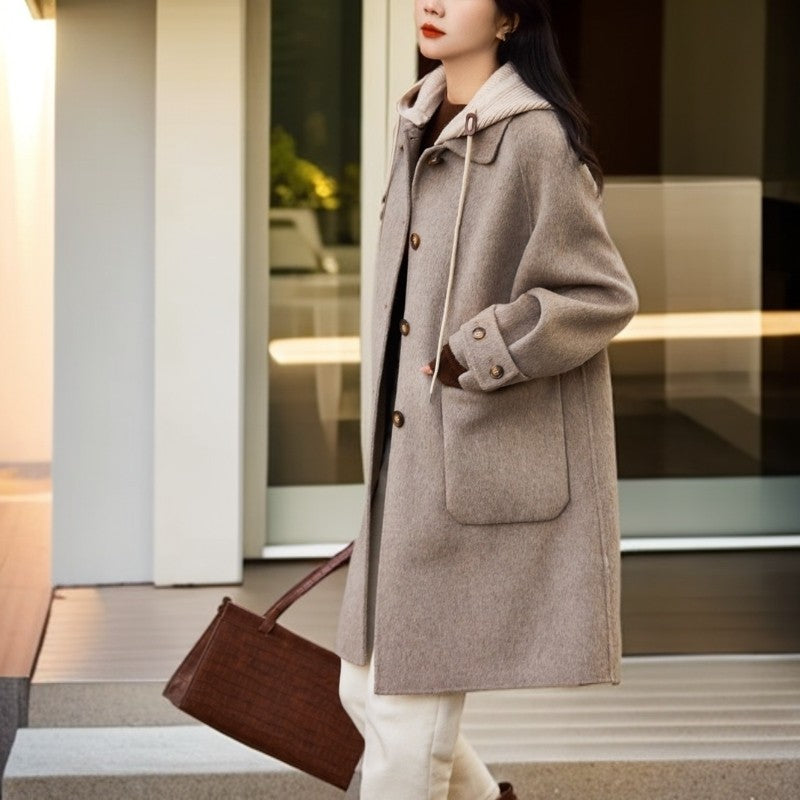 New Women Double-sided Cashmere Coat Female Solid Long Hooded Single Breasted Warm Woolen Coats Loose Tide Autumn Winter