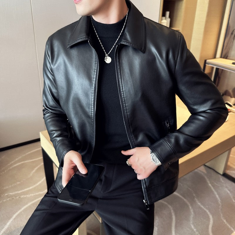 Men's Winter Faux Leather Turn Down Collar Warm Coat Windproof High Quality Men's PU Leather Jacket Motorcycle Casual Clothing
